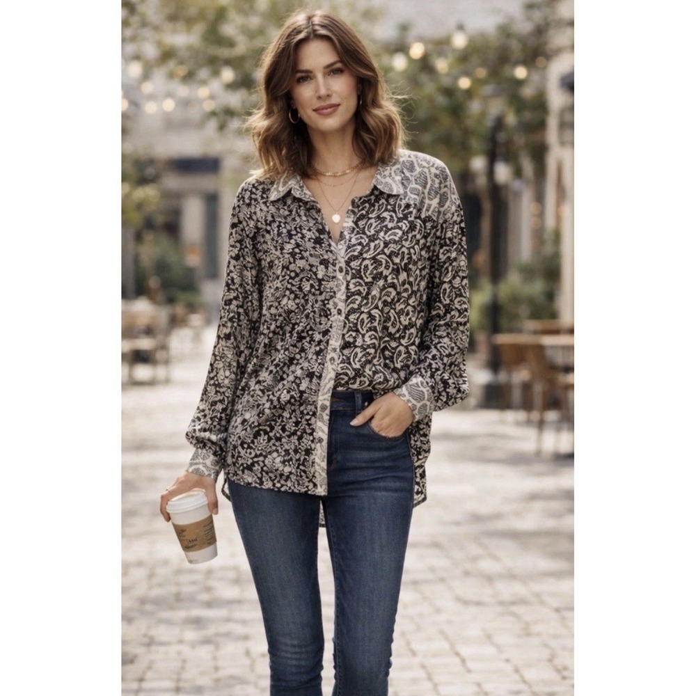 Free People Dani Button Down Top Size M Floral Paisley Patchwork Boho Oversized
